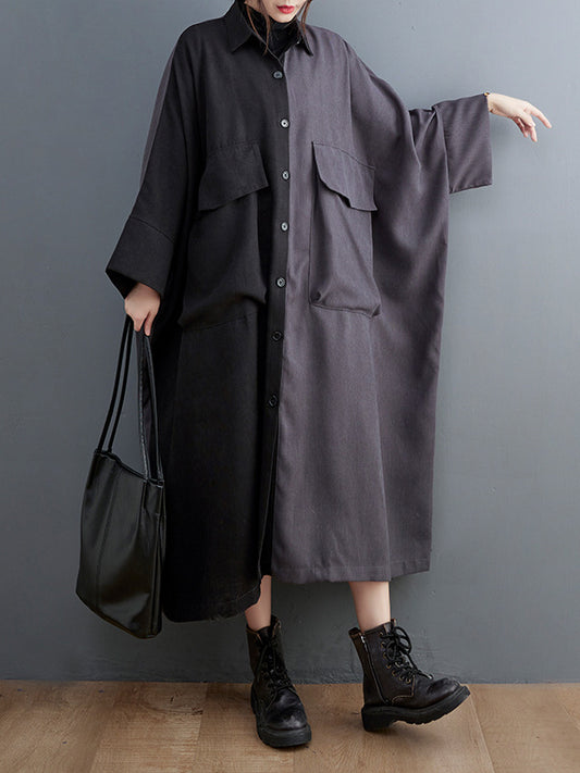 Long Sleeves Loose Buttoned Contrast Color Split-joint Lapel Collar Midi Dresses