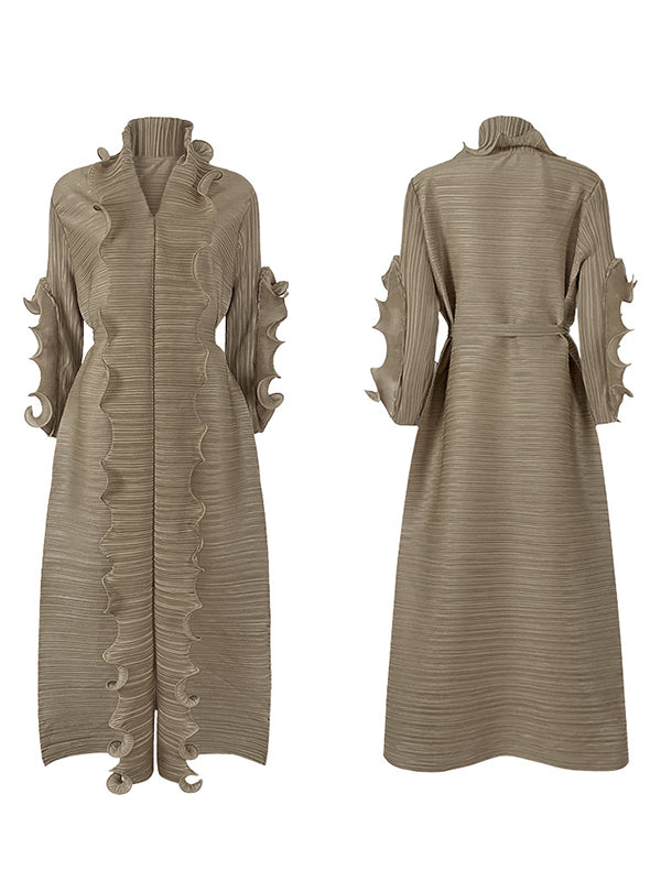 Original Loose Long Sleeves Tied Pleated Falbala Color V-neck Maxi Dresses