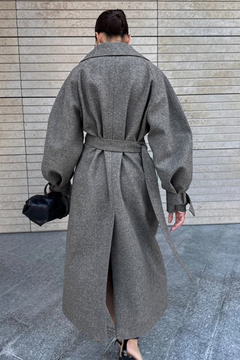Longline Wool Blend Tie Waist Loose Overcoat