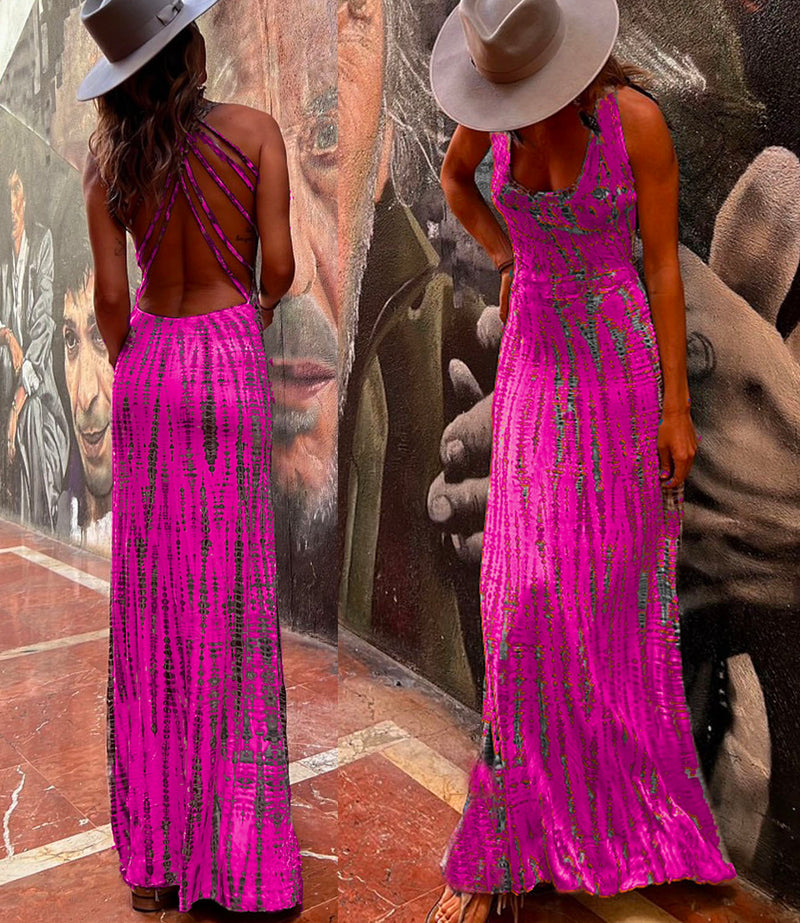 Criss Cross Open Back Tie Dye Maxi Dress(6 Colors Available)