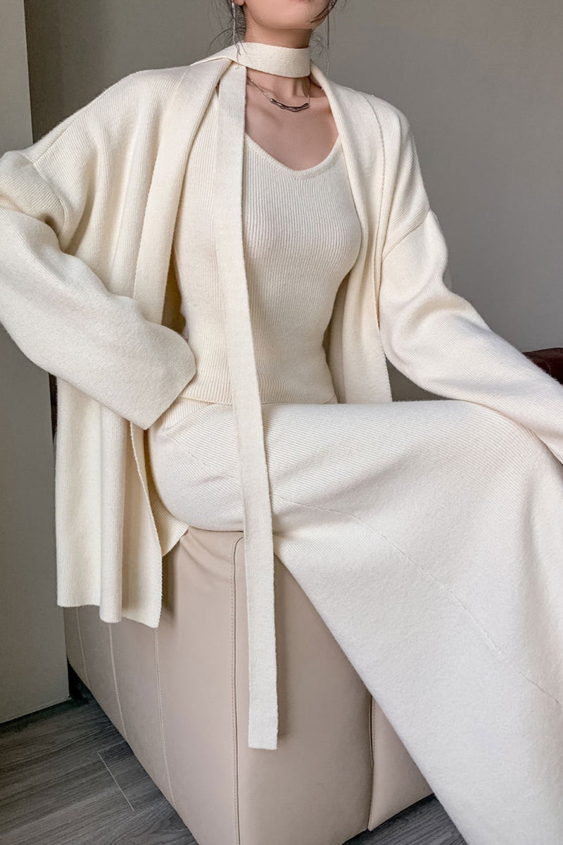 Ribbed High-end Knit Cardigan Tank Wide-leg Pants Three Piece Set