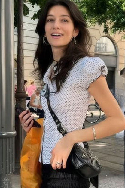 Polka Dot Bow-accent Puff-sleeve Collared Blouse
