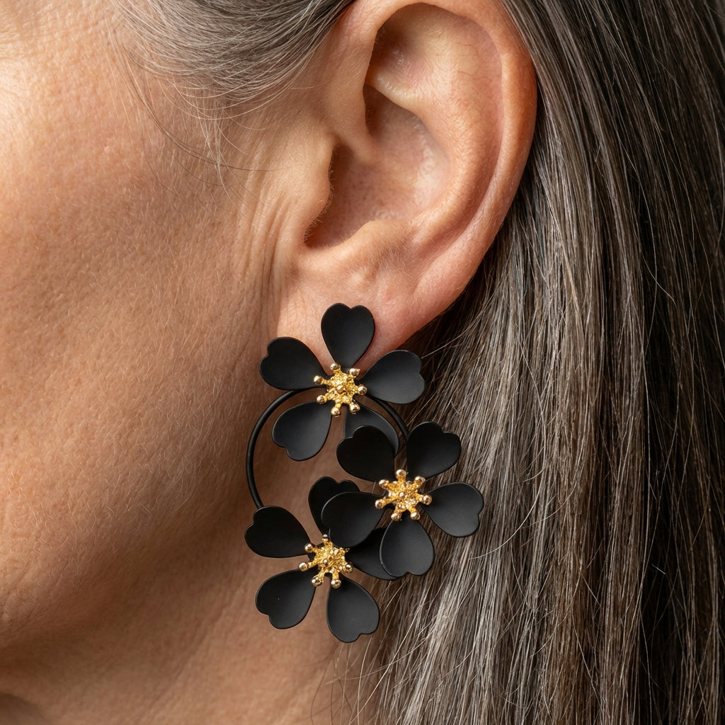 Vintage Black Flower Dangling Earrings
