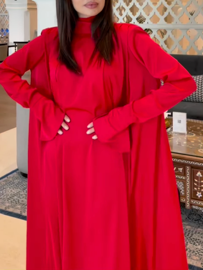 Flared Sleeves Long Sleeves Color High-neck Maxi Dresses