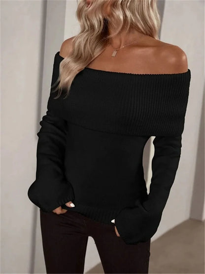 White Knit Sweater Pullover Female Off-shoulder Slim Long Sleeve High Waist Backless Loose Knitwear New