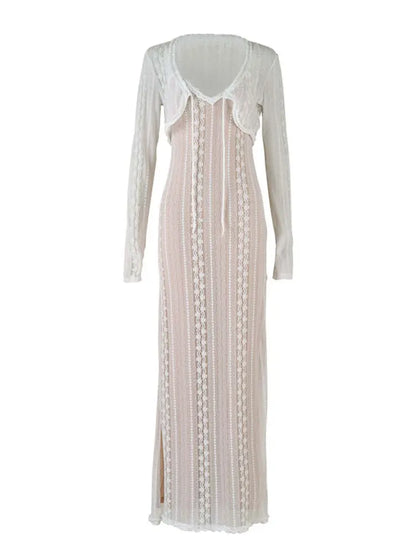 Female Hollow Out Maxi Dress V-neck Long Sleeve Split Party Dress Evening Tiered Summer Halter Dress