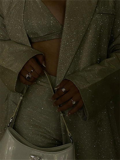 Sliver Sparkly Oversized Blazer Sets for Suit Glitter Coat and Pants Sets Blazer Femme Mujer Party