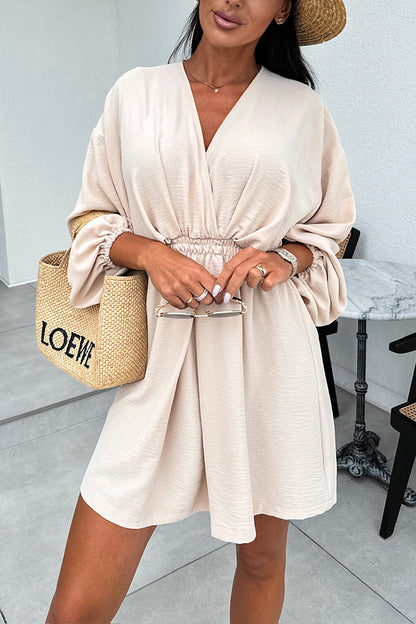 Color Long Sleeve V-neck Elastic Waist Mini Dress
