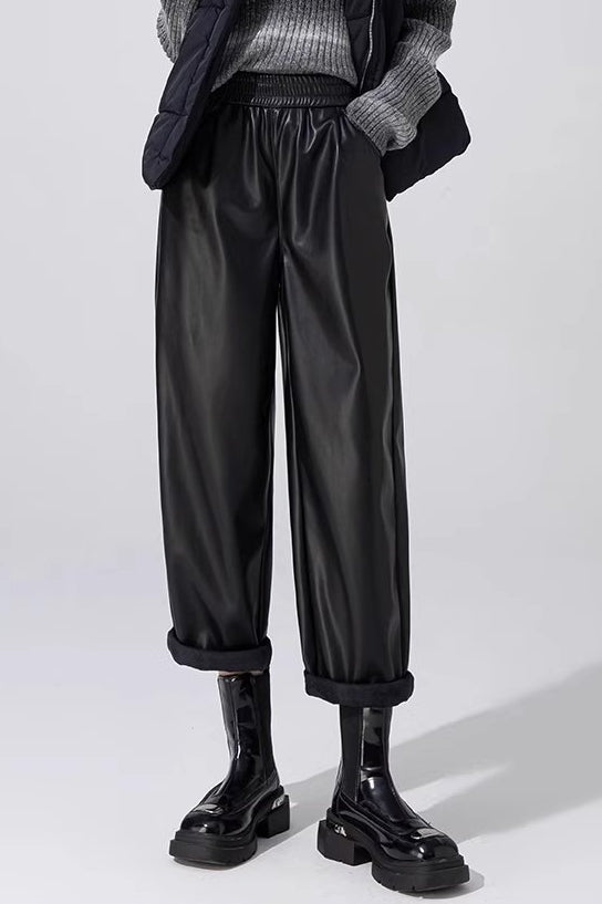 Slim Pu Leather Elastic Waist Straight Pants