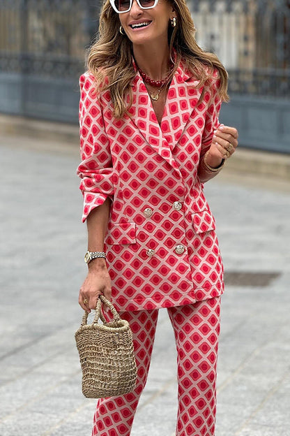 Lady Unique Print Metal Button Pocketed Lapel Blazer and Elastic Waist Flare Pants Set