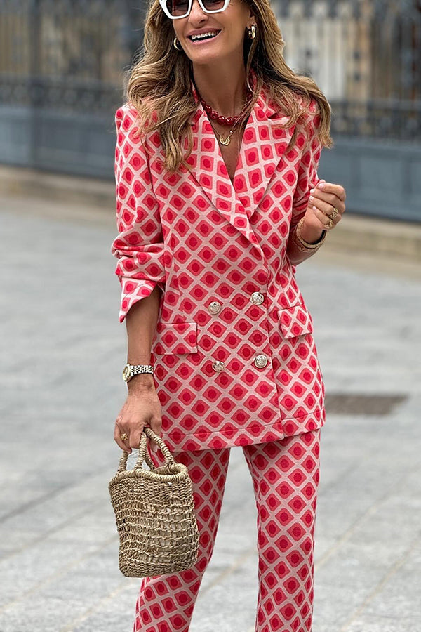 Lady Unique Print Metal Button Pocketed Lapel Blazer and Elastic Waist Flare Pants Set