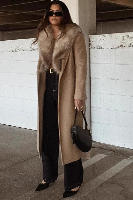 Wool Blend Long Fur Collar Overcoat