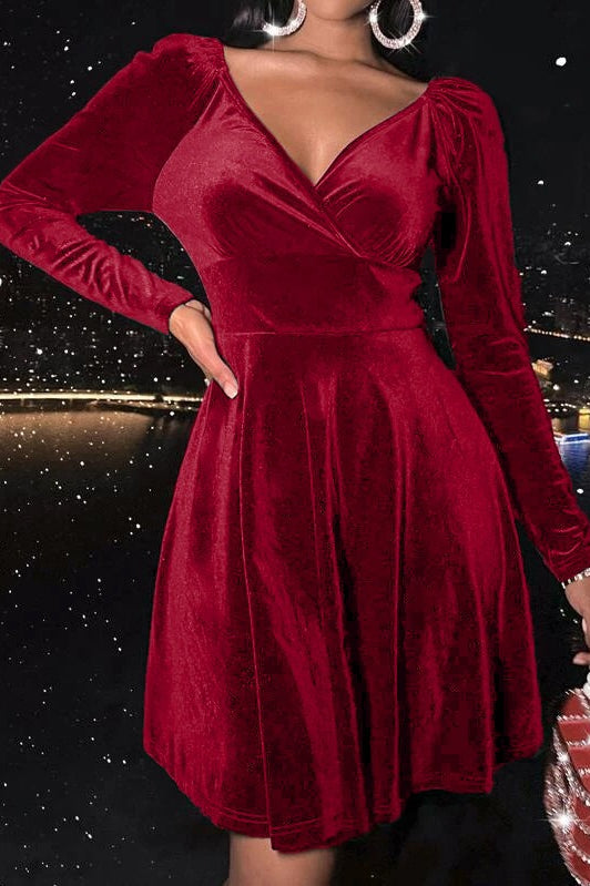 Velvet Long Sleeve V-neck Midi Dress
