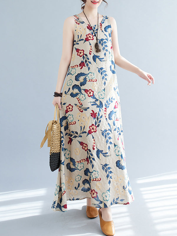 Loose Sleeveless Printed Round-neck Maxi Dresses