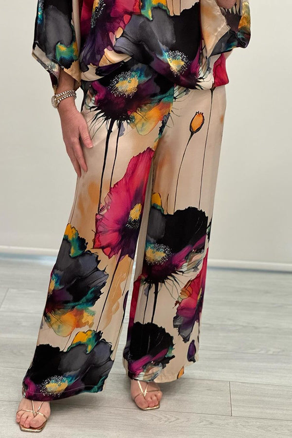 Satin Botanical Print Crew Neck Top and Elastic Waist Loose Pocket Pants Set