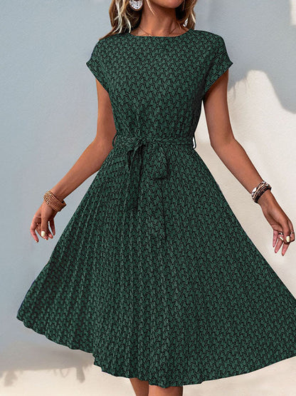 Loose Raglan Sleeve Printed Tied Waist Round-neck Midi Dresses