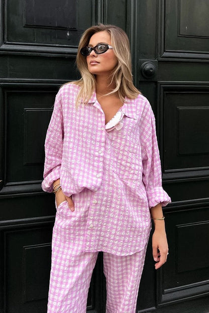 Pink Plaid Loose Two Piece Set