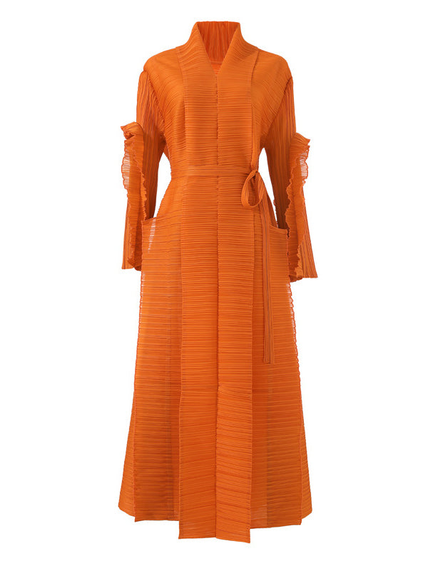 Long Sleeves Loose Tied Pleated Stand Collar Midi Dresses