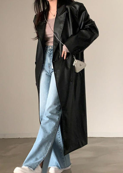 Retro Black Pu Leather Trench Coat - Double-breasted