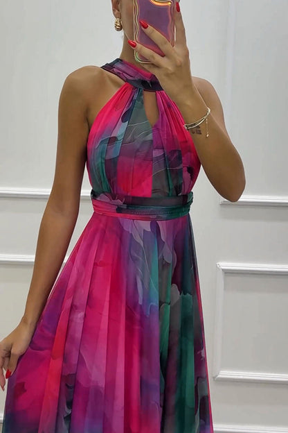 Elaine Tulle Splash Print Cutout Halter Tie-up Neck Gown Maxi Dress