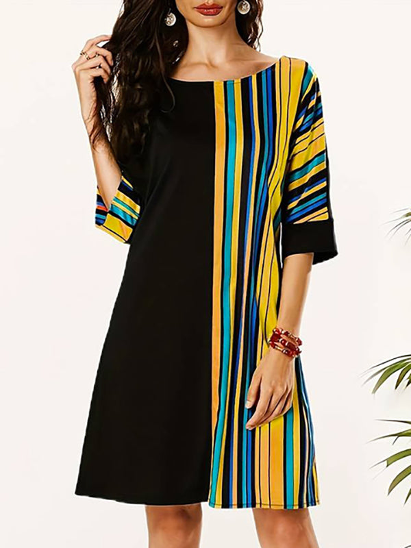 A-line Half Sleeves Asymmetric Contrast Color Striped Round-neck Mini Dresses