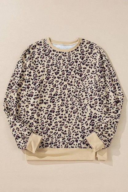 Leopard Print Crew Neck Patchwork Long Sleeve Loose Sweatshirt