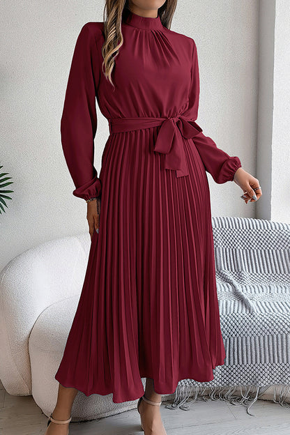 Stand-collar Long-sleeve Waisted Tie-up Pleated Midi Dress