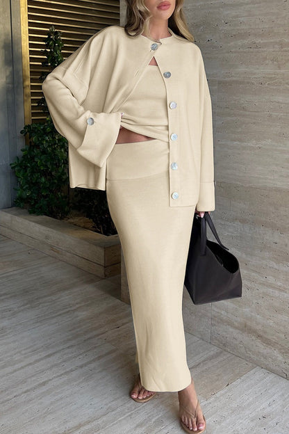 Minimalist Knit Long Sleeve Cardigan Cami Three Piece Set
