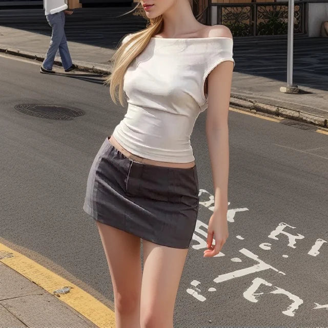 Asymmetric Crop Top T-shirt White Off Shoulder Female Sleeveless Tops Summer Tee Shirt