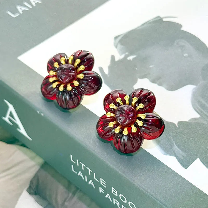 Vintage Ruby Flower Earrings
