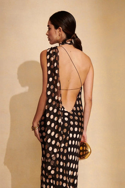 Polka Dot Backless Halter Maxi Dress