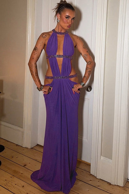 Cutout Rhinestone Backless Maxi Dress