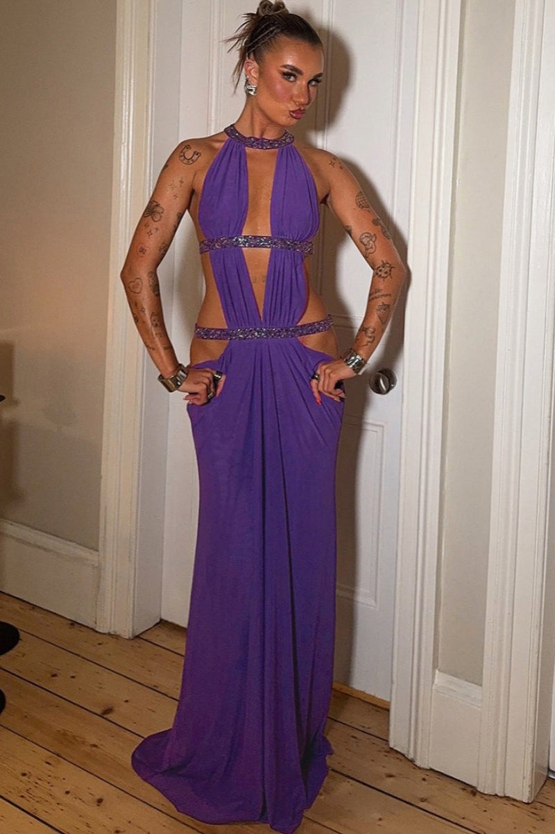Cutout Rhinestone Backless Maxi Dress
