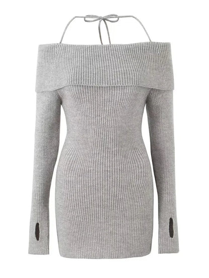 Knit Sweater Lace-up Mini Dress for Ribbed Long Sleeve Loose Backless Slim Dress ’s Knitwear Mini Dress