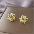 White Opal Leaf Swirl Gold Studs