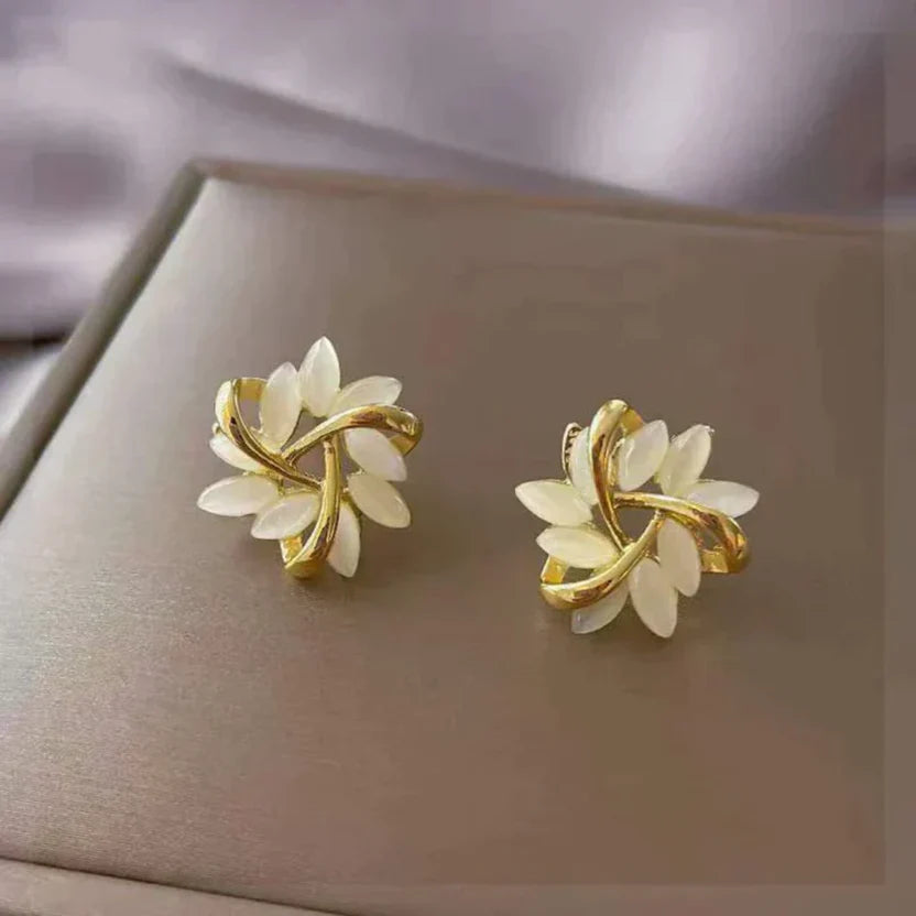 White Opal Leaf Swirl Gold Studs