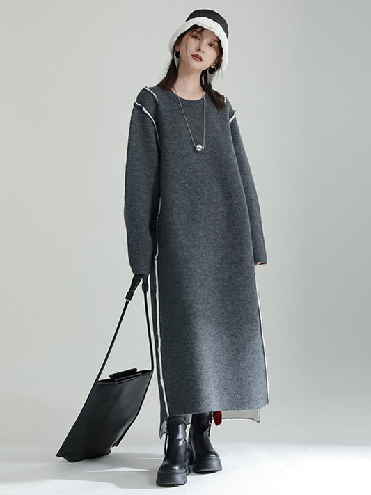Long Sleeves Loose Color Round-neck Sweater Dresses