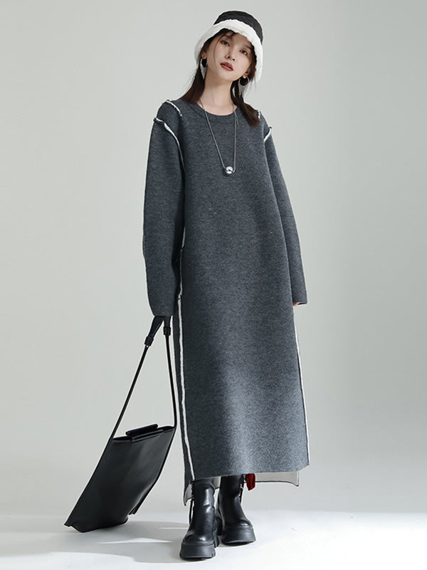 Long Sleeves Loose Color Round-neck Sweater Dresses