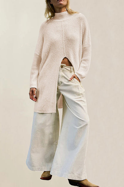 Color Long Sleeve Slit Knitted Sweater
