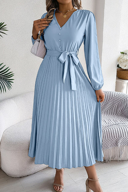 Color V-neck Buttoned Lace-up Pleated Maxi Dress