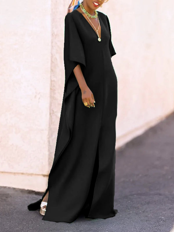 Batwing Sleeves Loose Color Split-side V-neck Maxi Dresses