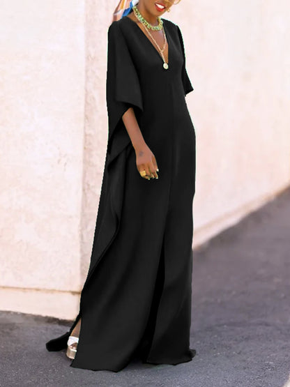 Batwing Sleeves Loose Color Split-side V-neck Maxi Dresses