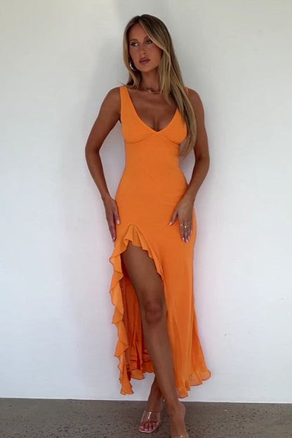V-neck Ruffled Hem Bodycon Maxi Dress