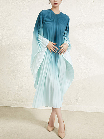 Batwing Sleeves Loose Gradient Pleated Round-neck Midi Dresses