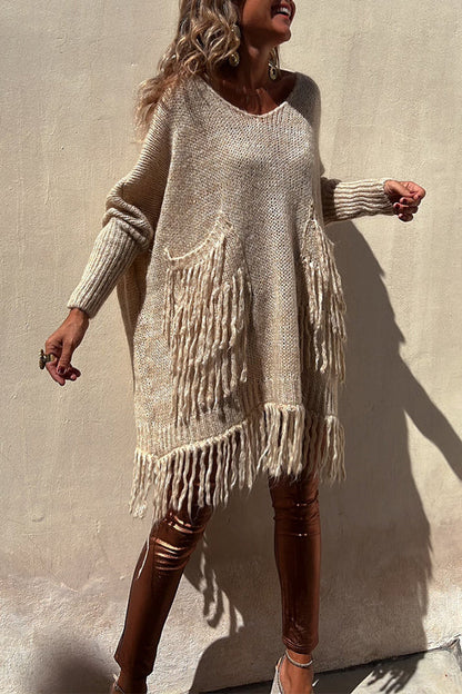 Coming With You Knit Tassel Trim Pocketed Loose Sweater