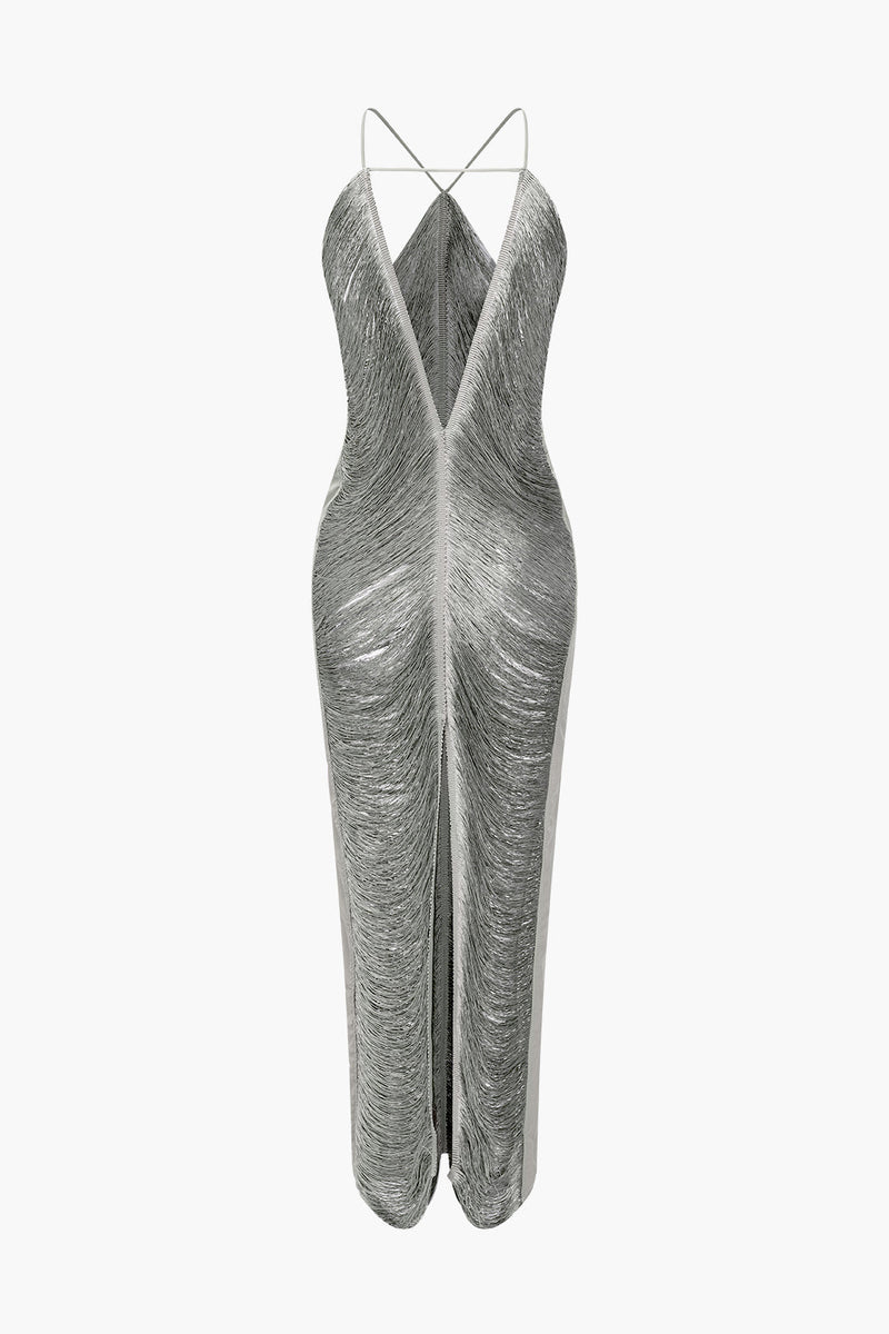 Classic Fringe Cut Out Slit Midi Dress