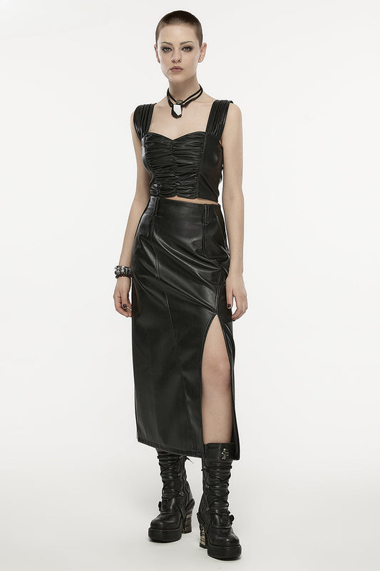 A-line High Waist Split Faux Leather Daily Concise Female Black Skirt