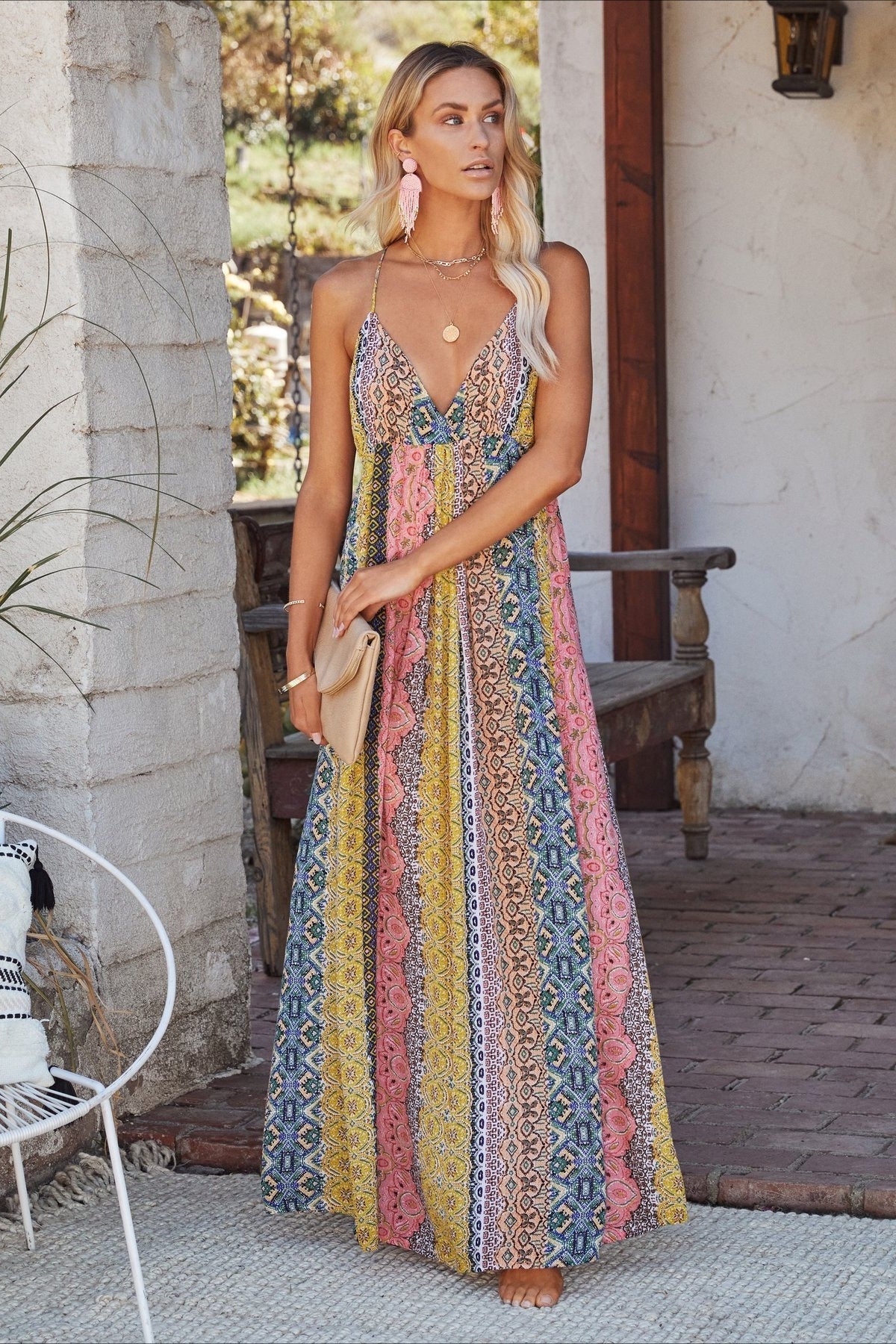 V-neck Backless Print Cami Maxi Dress