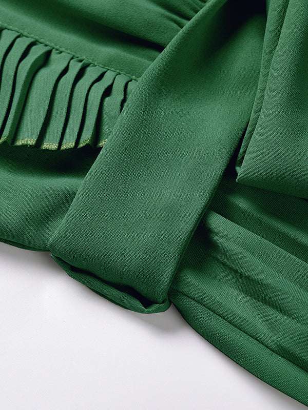 Loose Sleeveless Pleated Color Split-joint Tied Waist V-neck Maxi Dresses