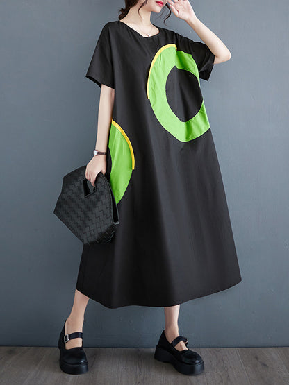 Loose Short Sleeves Contrast Color Pockets Printed Round-neck Midi Dresses